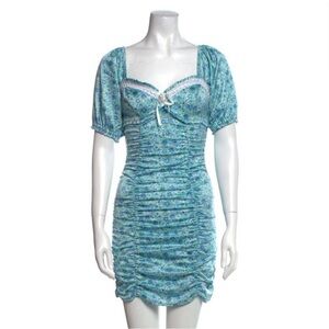 For Love and Lemons Aqua Blue Floral Ruched Mini Dress